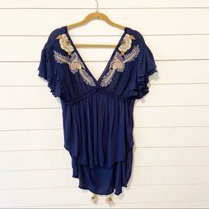 Free People Blue Embroidered V-neck Peasant Top
